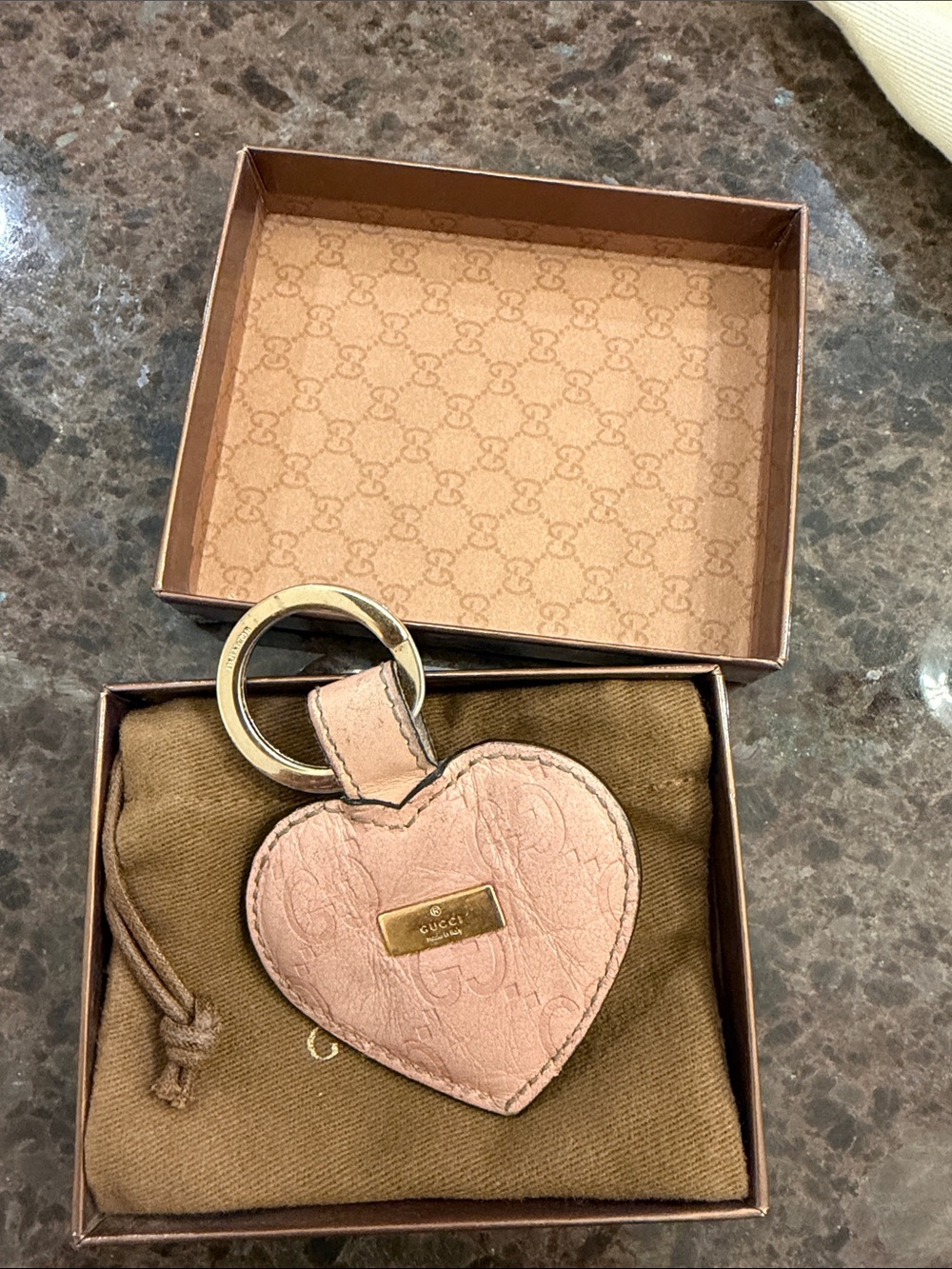 Gucci Pink Leather Heart Keychain with Gold-Tone Plate